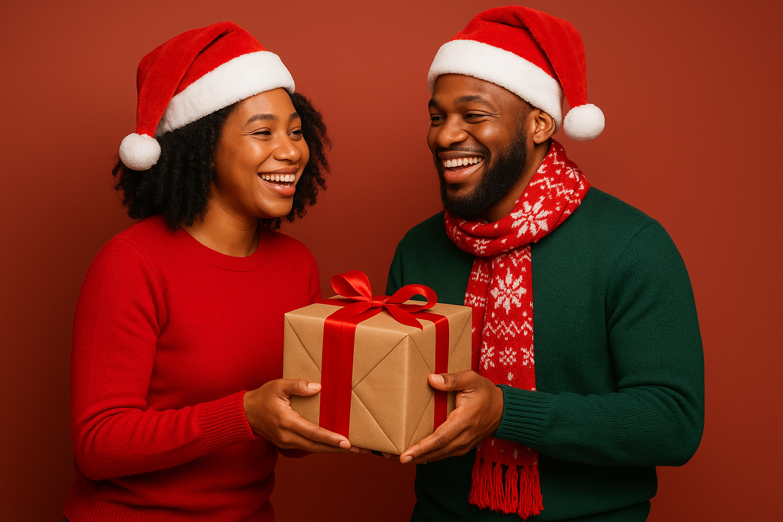 Happy couple exchanging gift